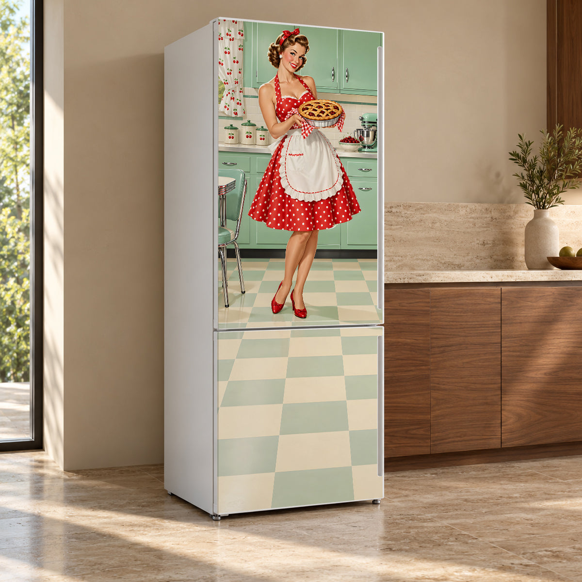 Vintage Pin-Up Kitchen fridge wrap, refrigerator shown at an angle