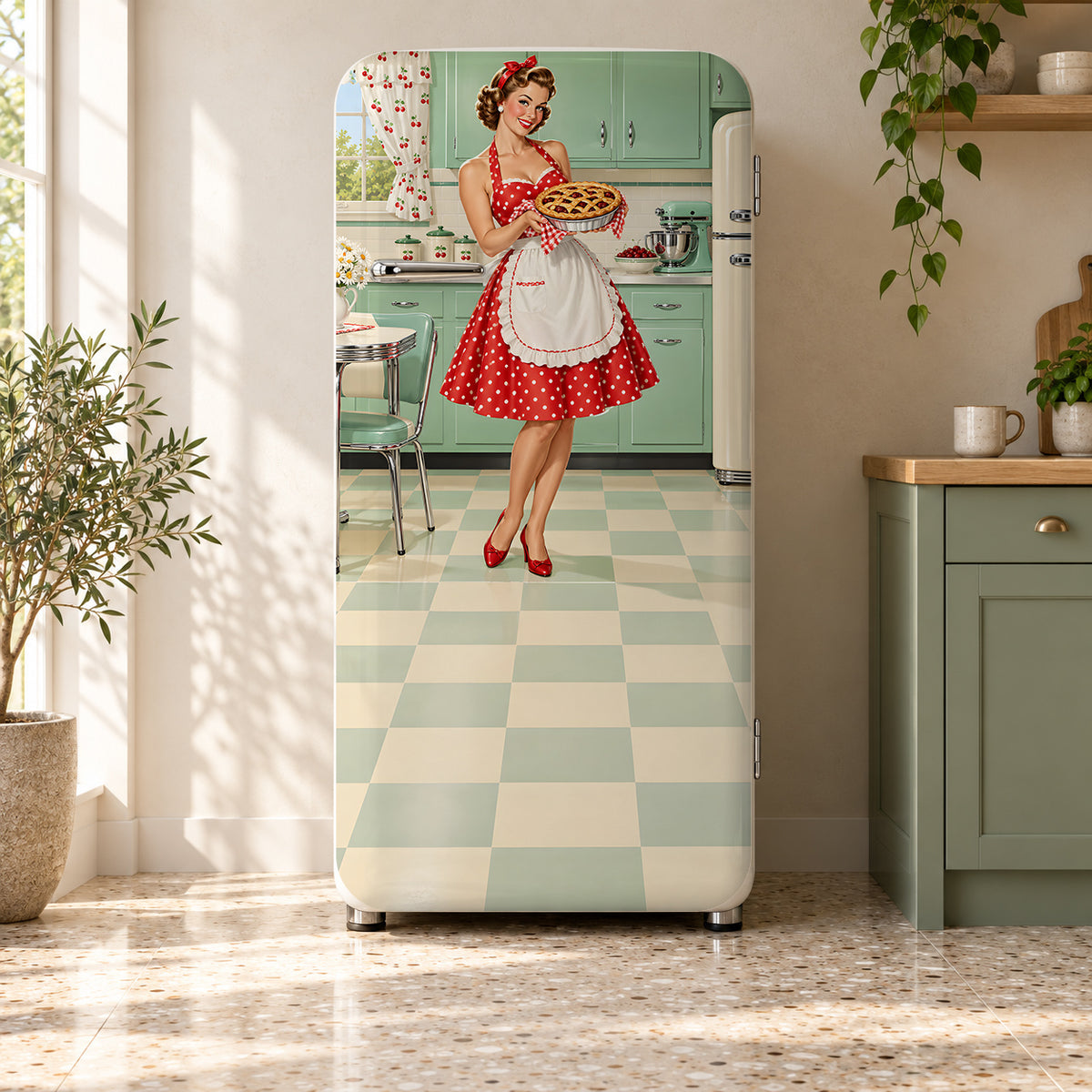 Vintage Pin-Up Kitchen fridge wrap on a retro refrigerator