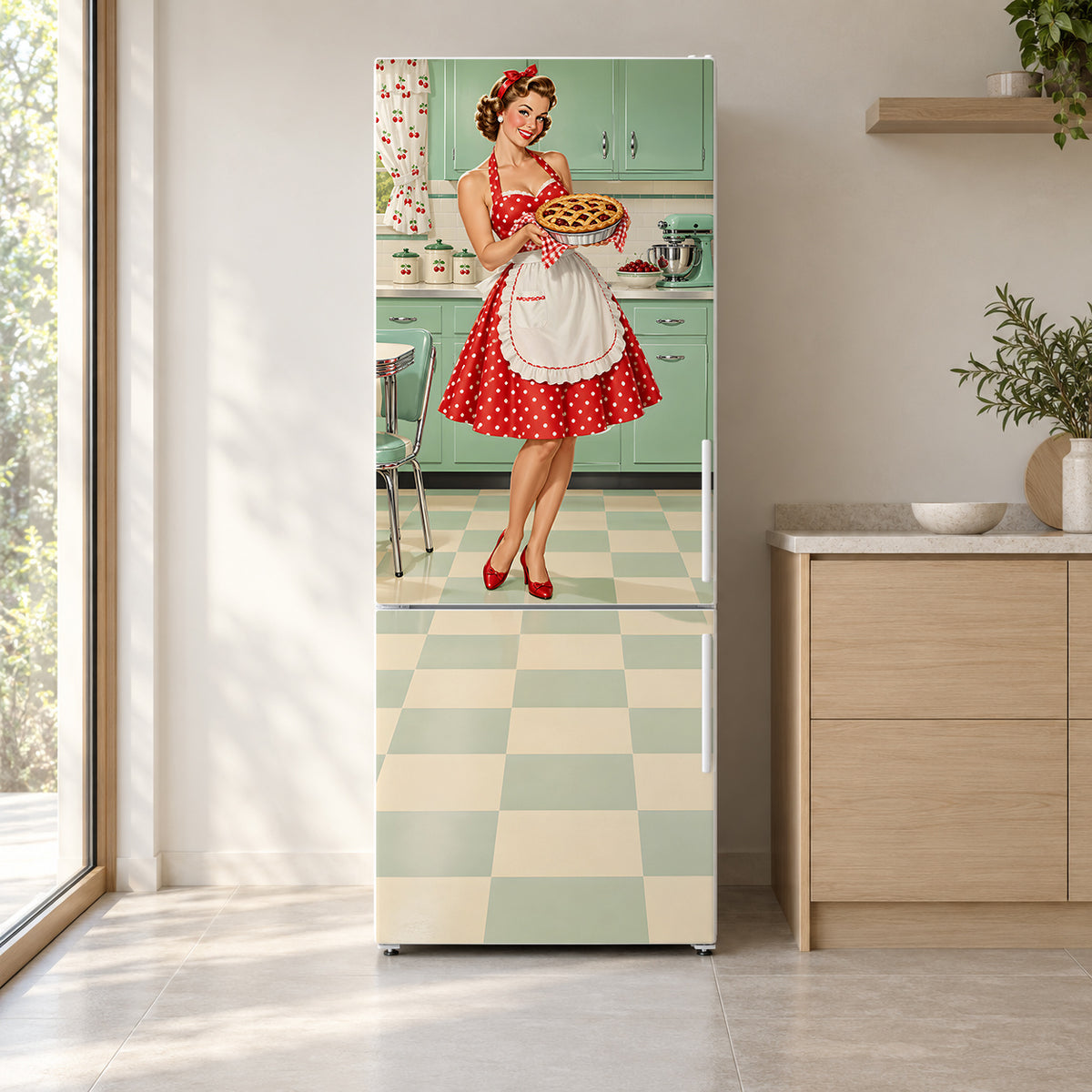 Vintage Pin-Up Kitchen fridge wrap on a white refrigerator in a bright kitchen