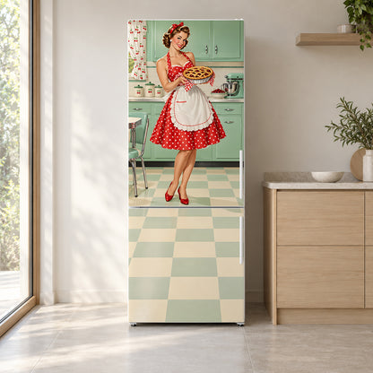 Vintage Pin-Up Kitchen fridge wrap on a white refrigerator in a bright kitchen