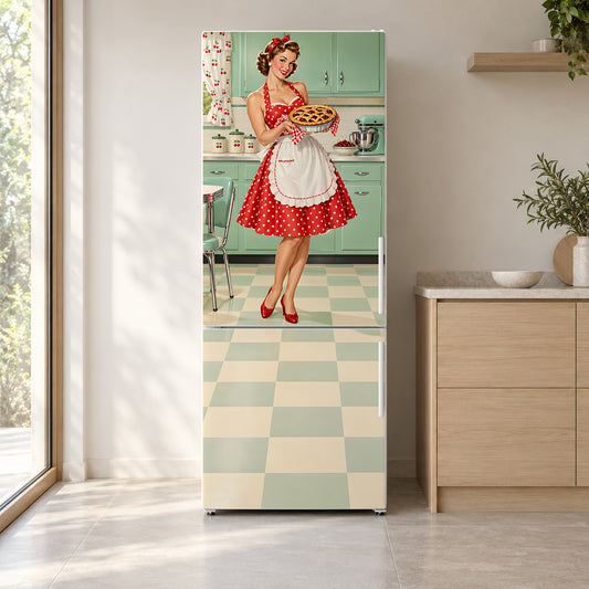 Vintage Pin-Up Kitchen fridge wrap on a white refrigerator in a bright kitchen