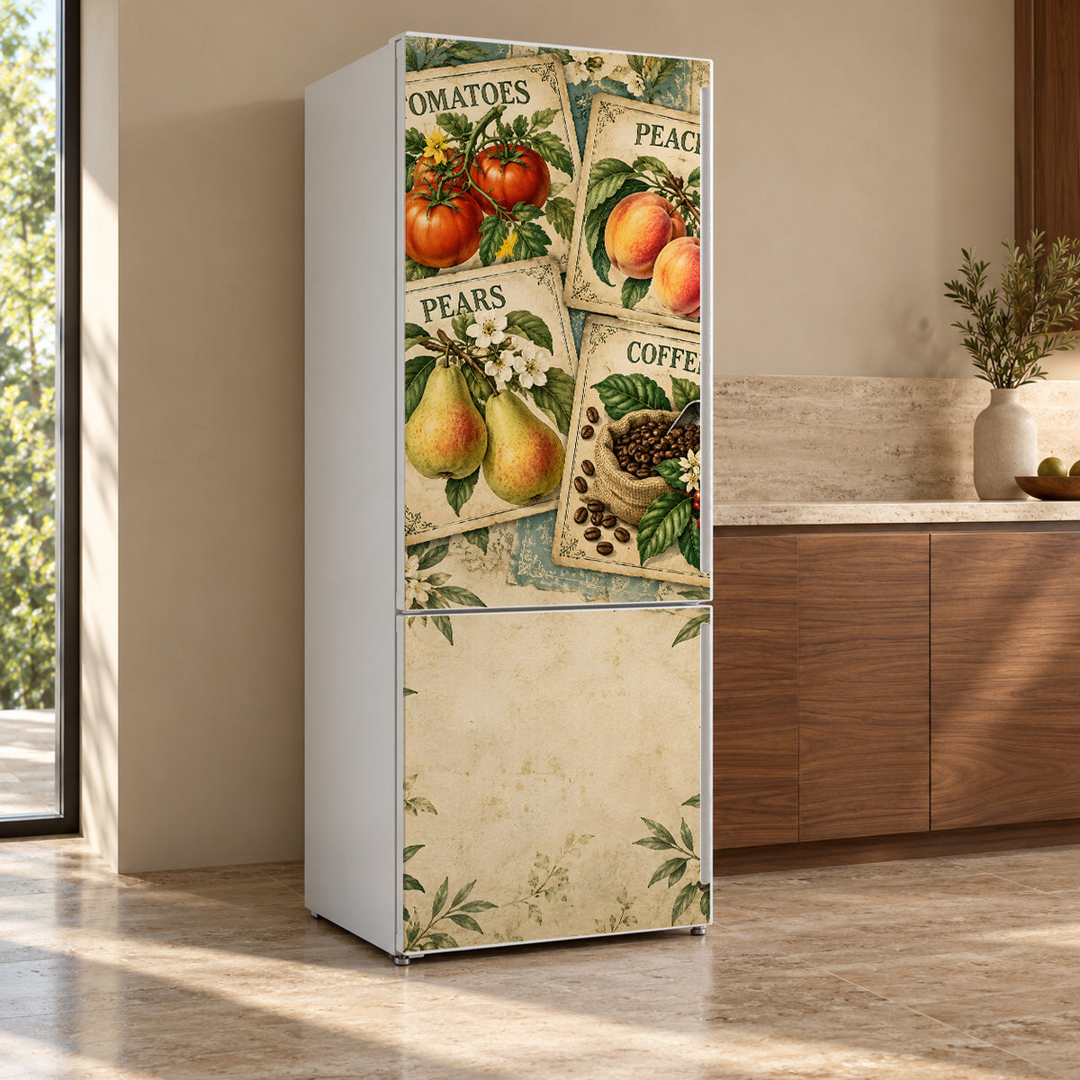 Vintage Produce Labels fridge wrap, refrigerator shown at an angle