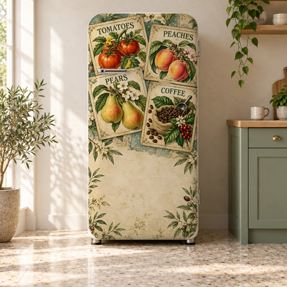 Vintage Produce Labels fridge wrap on a retro refrigerator