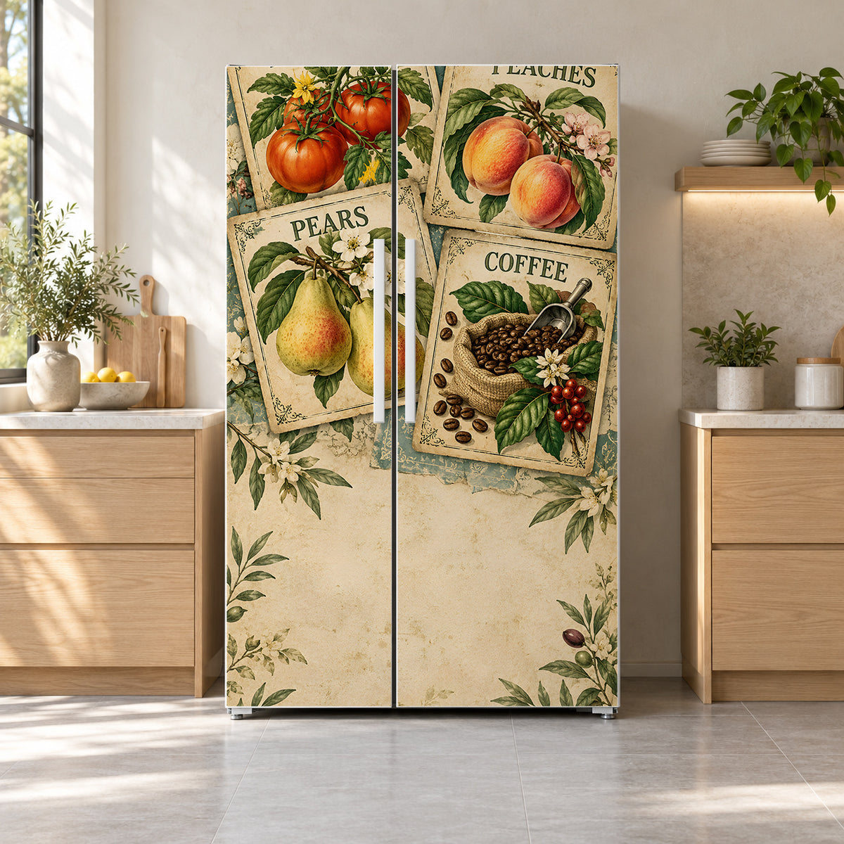 Vintage Produce Labels fridge wrap on a side-by-side refrigerator