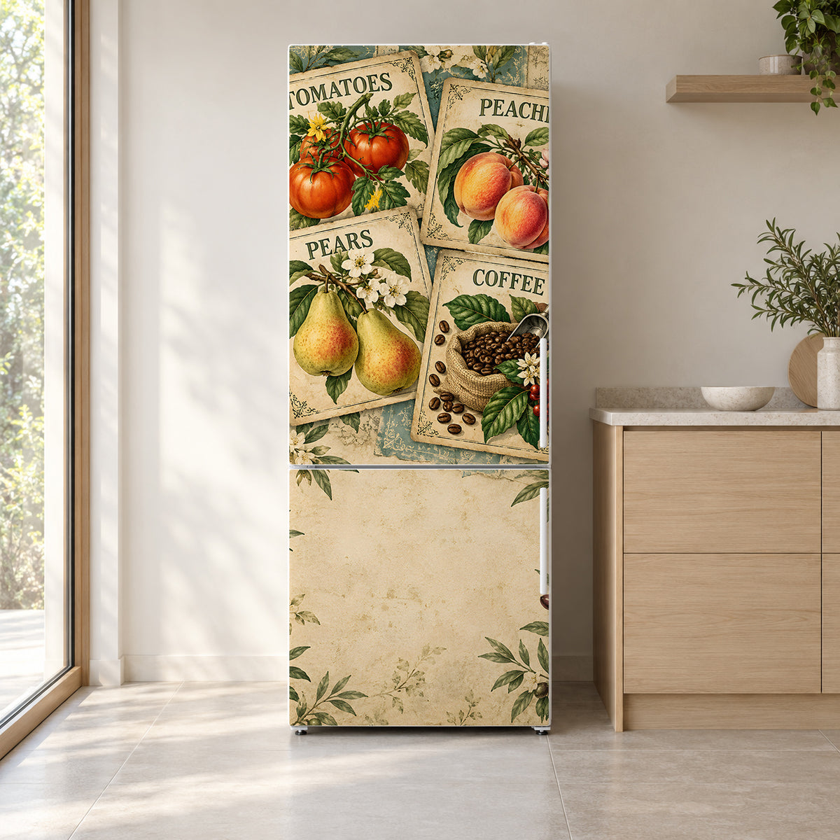 Vintage Produce Labels fridge wrap on a white refrigerator in a bright kitchen