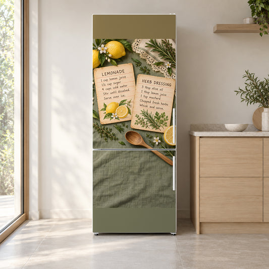 Vintage Recipe Cards fridge wrap on a white refrigerator in a bright kitchen