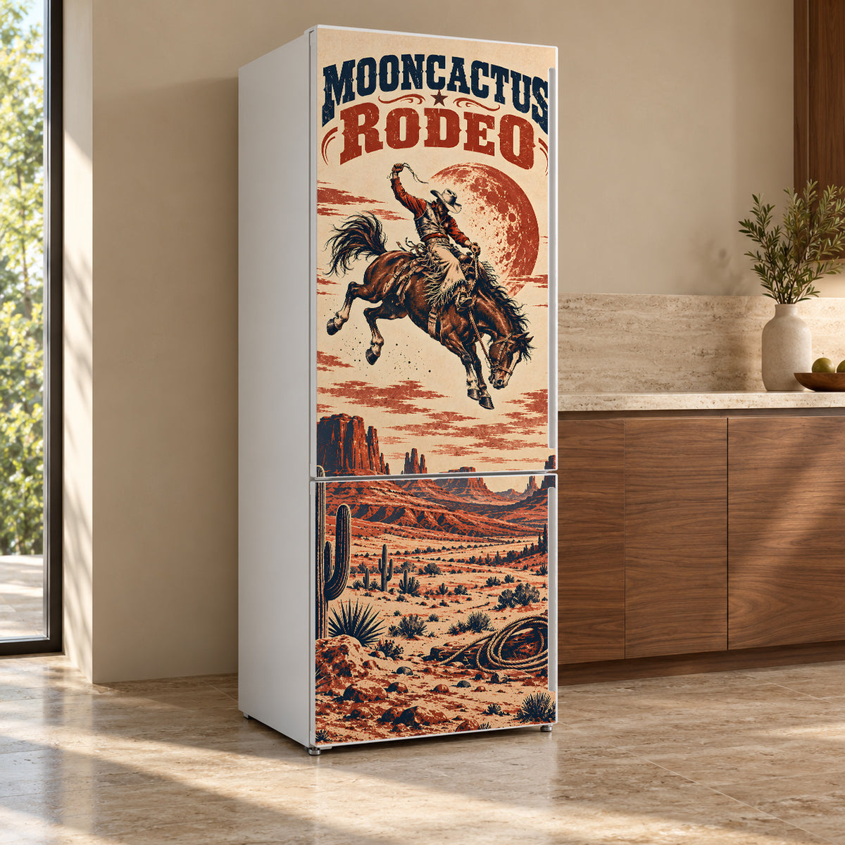 Vintage Rodeo Poster fridge wrap, refrigerator shown at an angle
