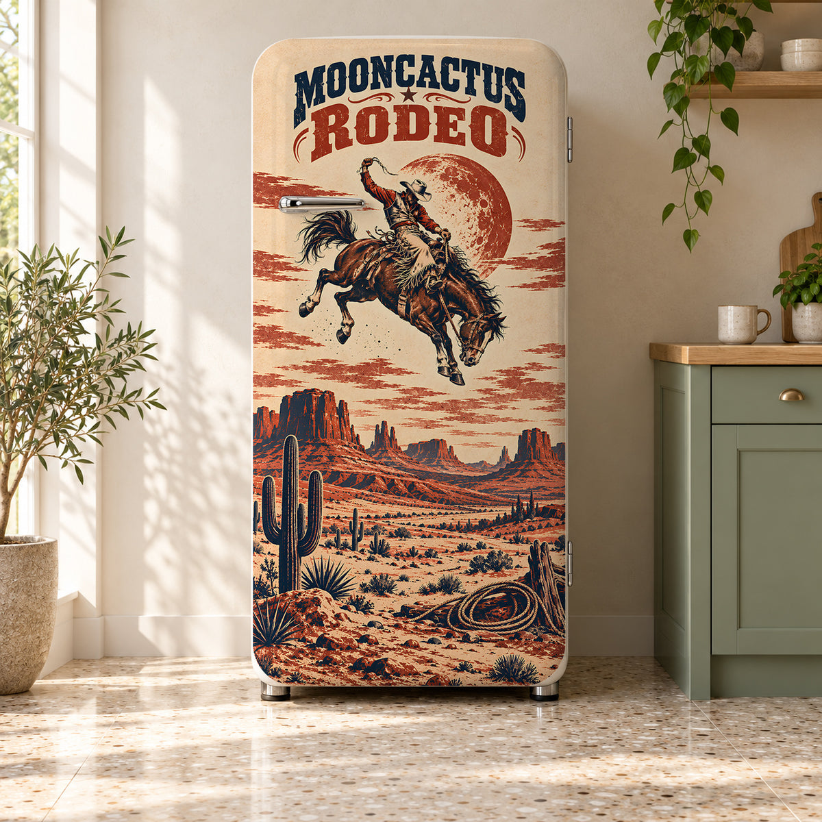 Vintage Rodeo Poster fridge wrap on a retro refrigerator