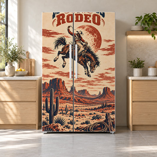 Vintage Rodeo Poster fridge wrap on a side-by-side refrigerator