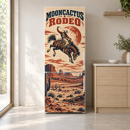 Vintage Rodeo Poster fridge wrap on a white refrigerator in a bright kitchen