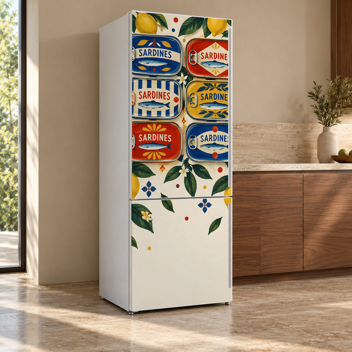 Vintage Sardine Tins fridge wrap, refrigerator shown at an angle