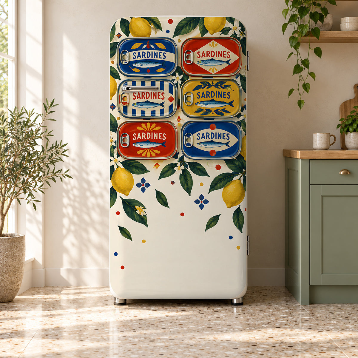 Vintage Sardine Tins fridge wrap on a retro refrigerator