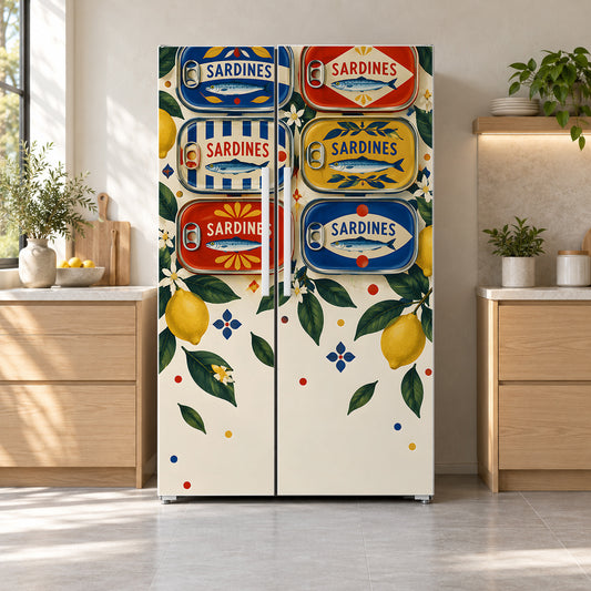 Vintage Sardine Tins fridge wrap on a side-by-side refrigerator