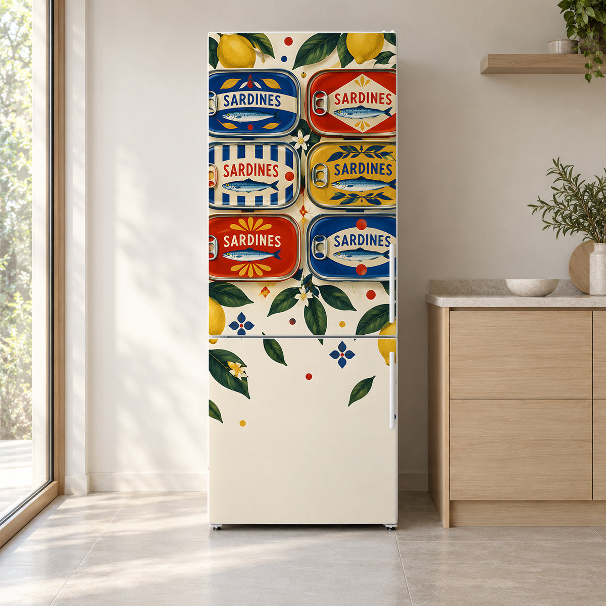 Vintage Sardine Tins fridge wrap on a white refrigerator in a bright kitchen