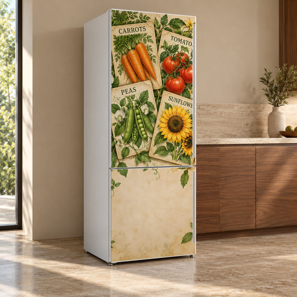 Vintage Seed Packets fridge wrap, refrigerator shown at an angle