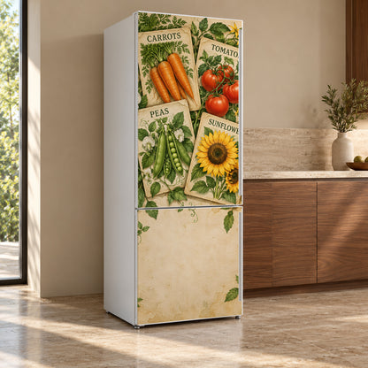 Vintage Seed Packets fridge wrap, refrigerator shown at an angle