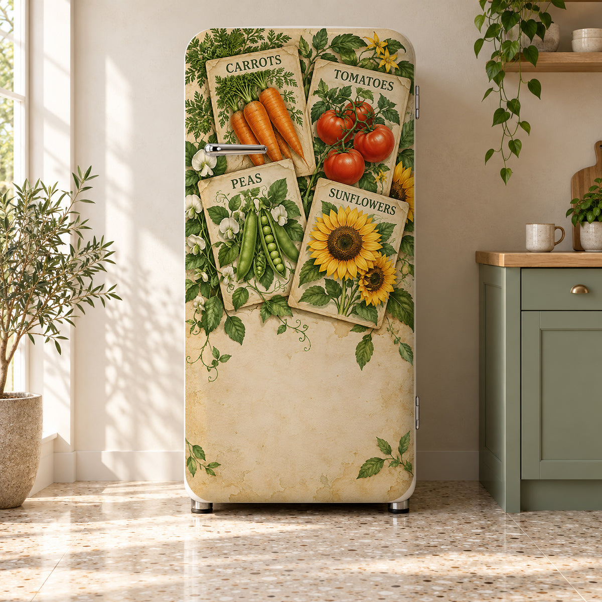 Vintage Seed Packets fridge wrap on a retro refrigerator