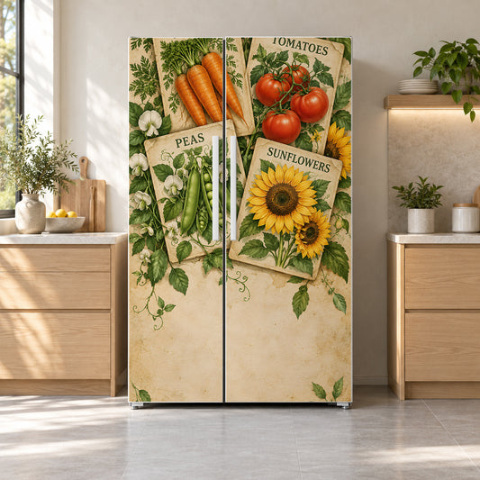 Vintage Seed Packets fridge wrap on a side-by-side refrigerator