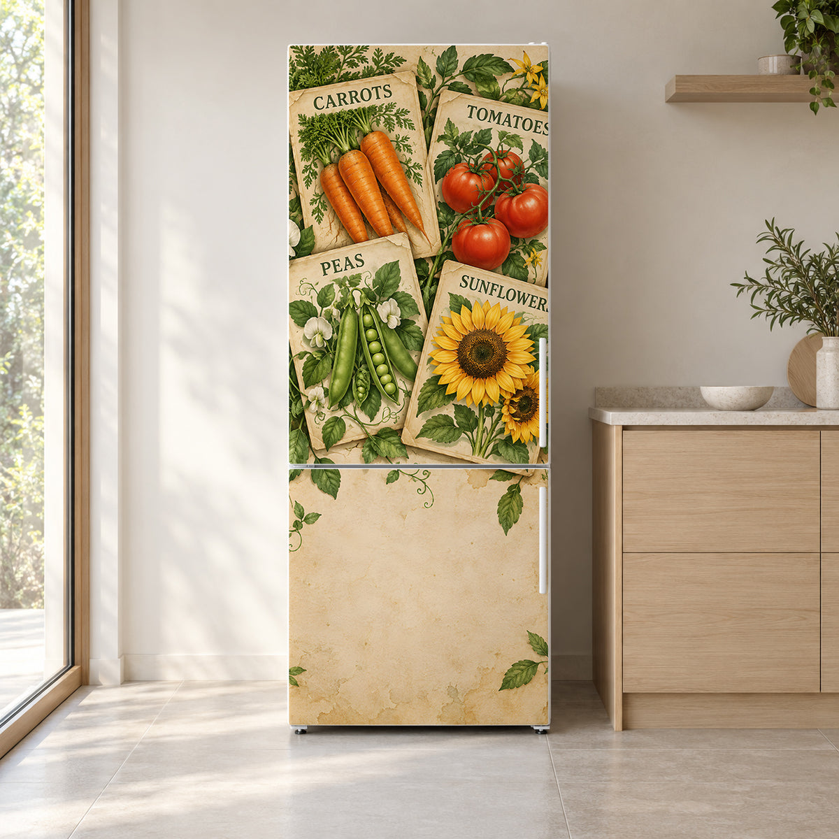 Vintage Seed Packets fridge wrap on a white refrigerator in a bright kitchen