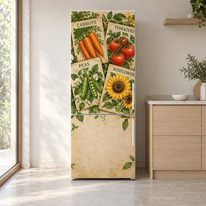 Vintage Seed Packets fridge wrap on a white refrigerator in a bright kitchen