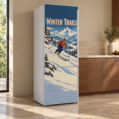Vintage Ski Poster fridge wrap, refrigerator shown at an angle