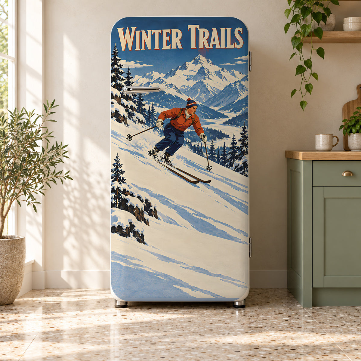 Vintage Ski Poster fridge wrap on a retro refrigerator