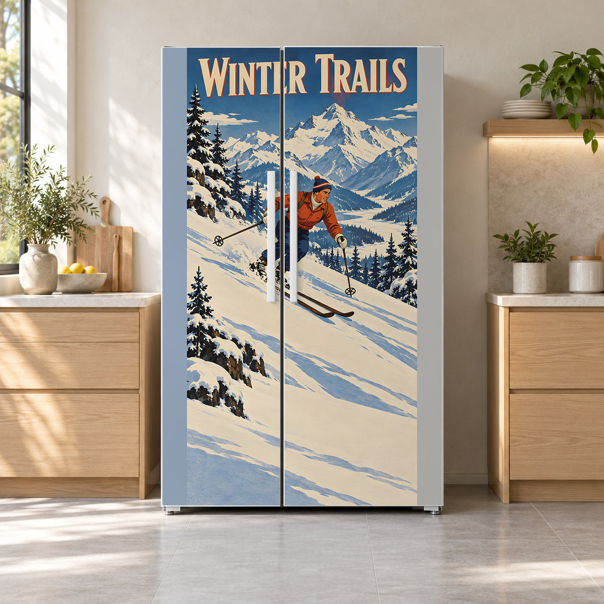Vintage Ski Poster fridge wrap on a side-by-side refrigerator