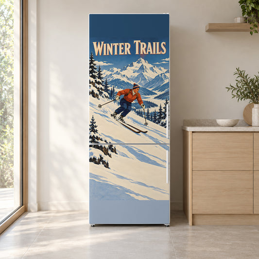 Vintage Ski Poster fridge wrap on a white refrigerator in a bright kitchen