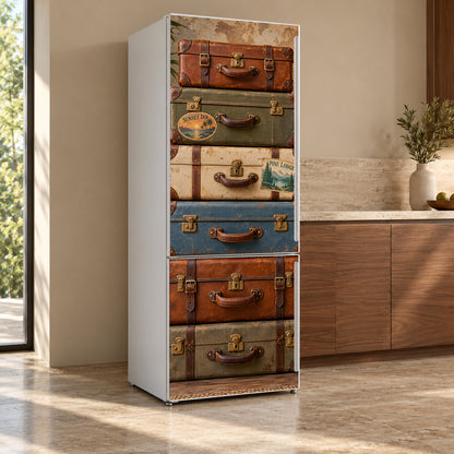 Vintage Suitcase Stack fridge wrap, refrigerator shown at an angle
