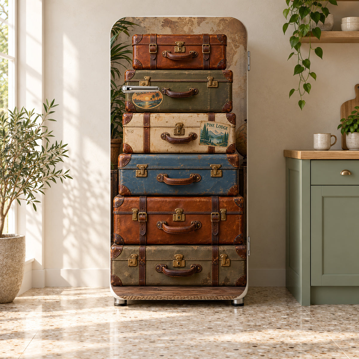 Vintage Suitcase Stack fridge wrap on a retro refrigerator