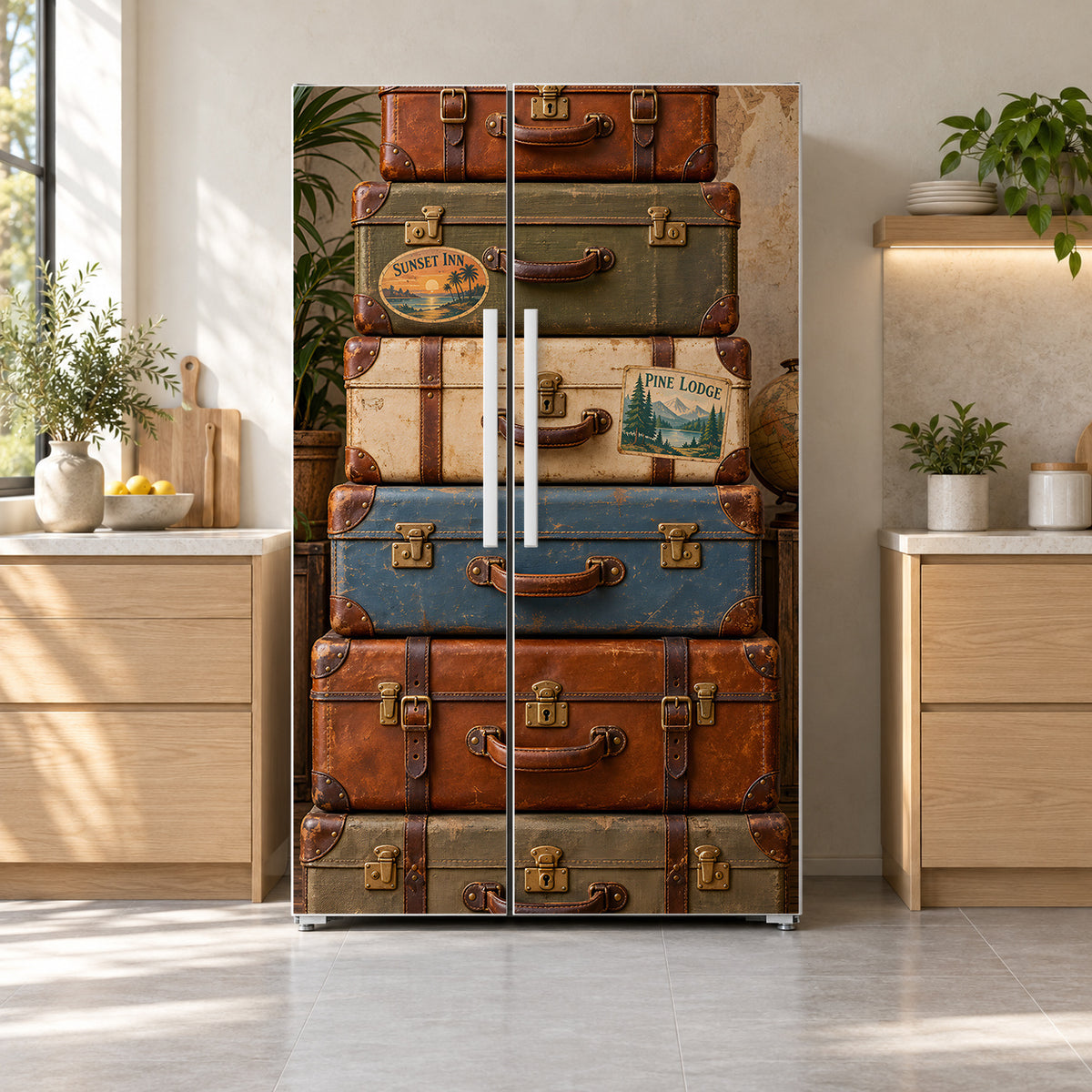 Vintage Suitcase Stack fridge wrap on a side-by-side refrigerator