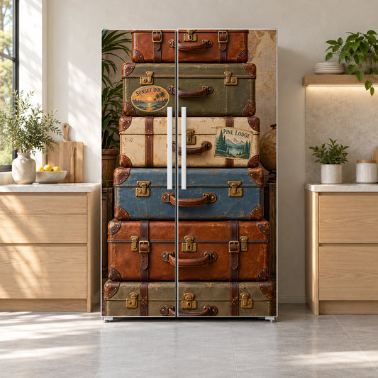 Vintage Suitcase Stack fridge wrap on a side-by-side refrigerator