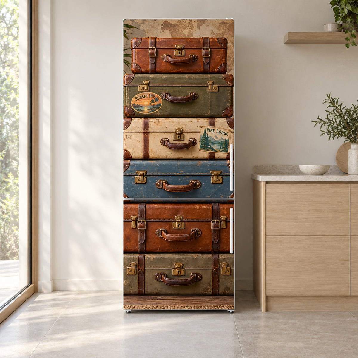 Vintage Suitcase Stack fridge wrap on a white refrigerator in a bright kitchen