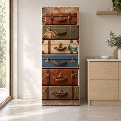 Vintage Suitcase Stack fridge wrap on a white refrigerator in a bright kitchen