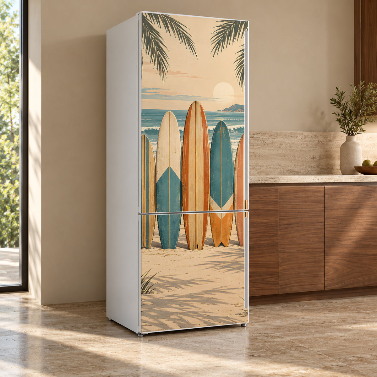 Vintage Surfboards fridge wrap, refrigerator shown at an angle