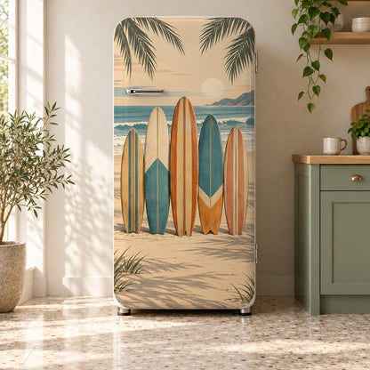 Vintage Surfboards fridge wrap on a retro refrigerator