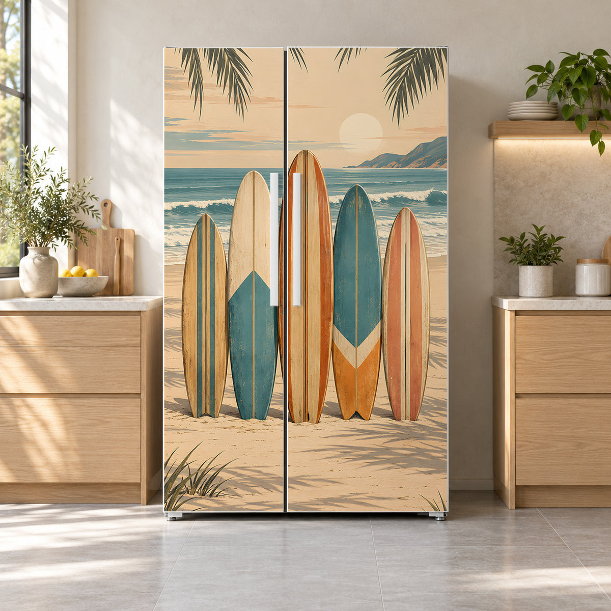 Vintage Surfboards fridge wrap on a side-by-side refrigerator