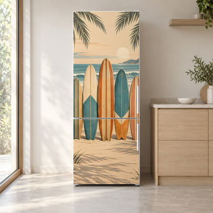 Vintage Surfboards fridge wrap on a white refrigerator in a bright kitchen