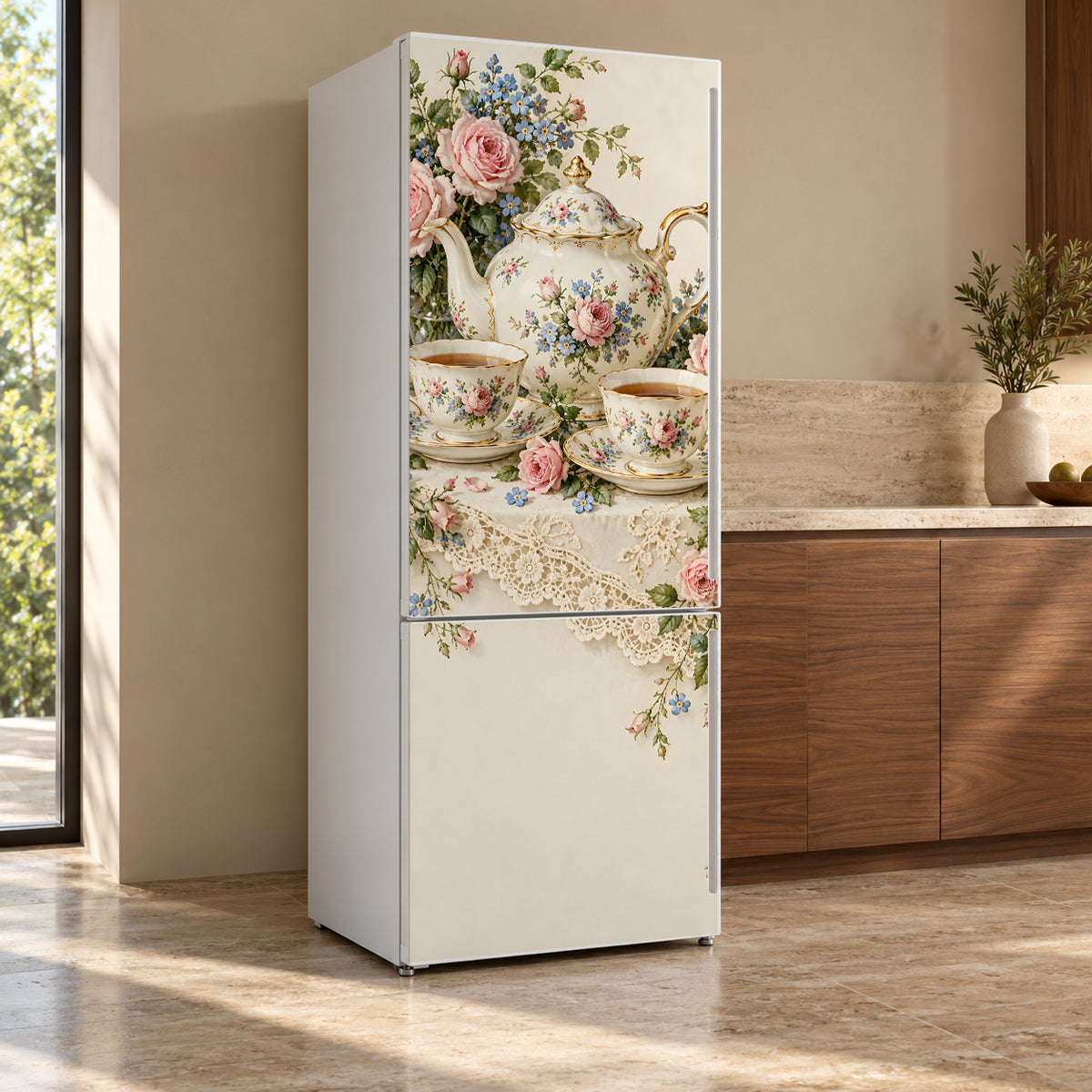 Vintage Teacups & Teapots fridge wrap, refrigerator shown at an angle