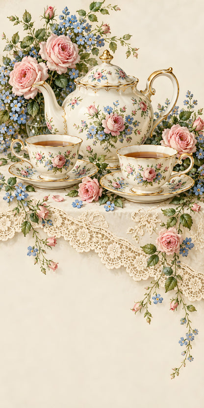 Vintage Teacups & Teapots fridge wrap full design