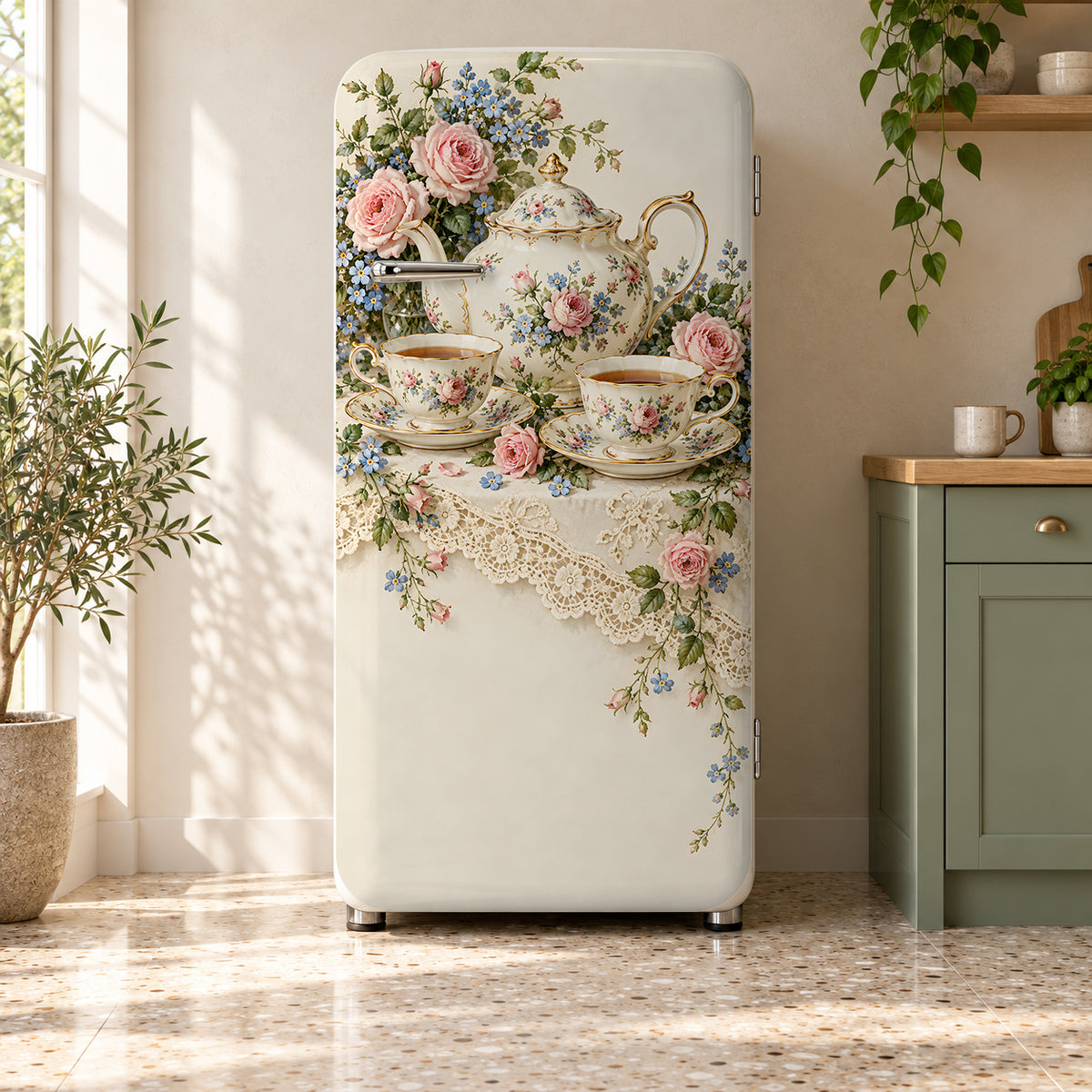 Vintage Teacups & Teapots fridge wrap on a retro refrigerator