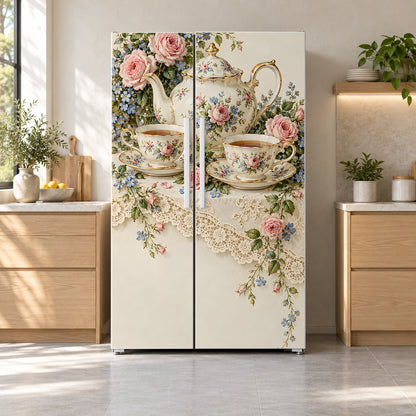 Vintage Teacups & Teapots fridge wrap on a side-by-side refrigerator
