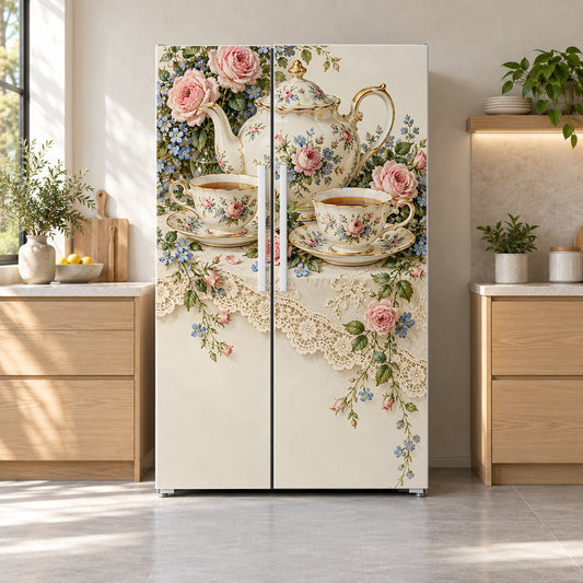 Vintage Teacups & Teapots fridge wrap on a side-by-side refrigerator