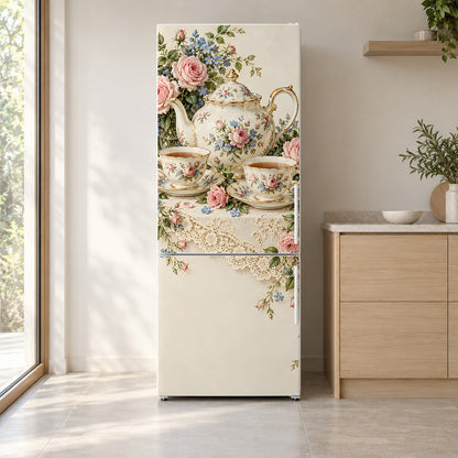 Vintage Teacups & Teapots fridge wrap on a white refrigerator in a bright kitchen