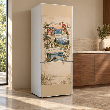 Vintage Travel Postcards fridge wrap, refrigerator shown at an angle