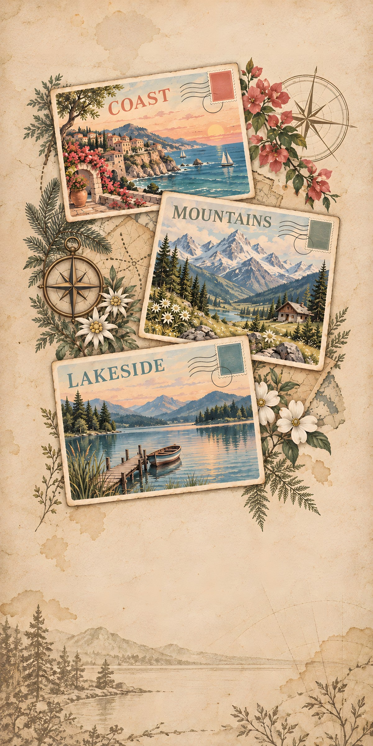 Vintage Travel Postcards fridge wrap full design