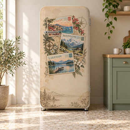 Vintage Travel Postcards fridge wrap on a retro refrigerator