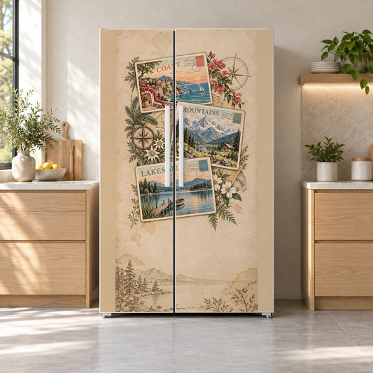 Vintage Travel Postcards fridge wrap on a side-by-side refrigerator