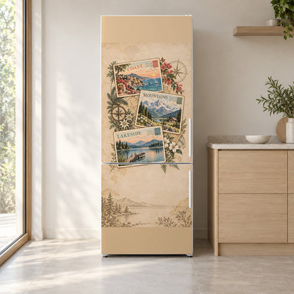 Vintage Travel Postcards fridge wrap on a white refrigerator in a bright kitchen