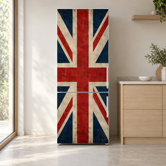 Vintage Union Jack fridge wrap on a white refrigerator in a bright kitchen